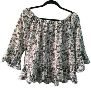 Sanctuary Womens Sz M White Green Black Julia Off the Shoulder Floral Blouse